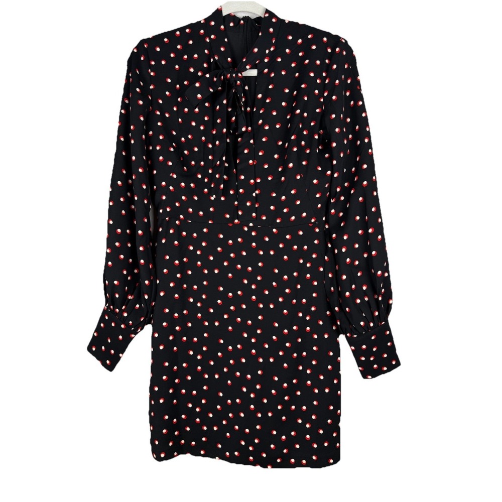 BARDOT Black Red Polka Dot Tie Neck‎ Mini Dress Long Sleeve Women's XS Romantic